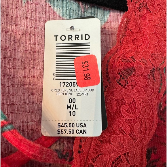 New With Tags Torrid Babydoll Textured Jersey V-Neck Lace-Up Lace Pieced Top- 00 - Picture 7 of 7